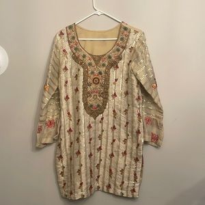 Beige/Golden Embroidered Shirt, Dubatta, and Trouser